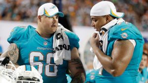 Jonathan Martin and Richie Incognito during a Miami Dolphins game