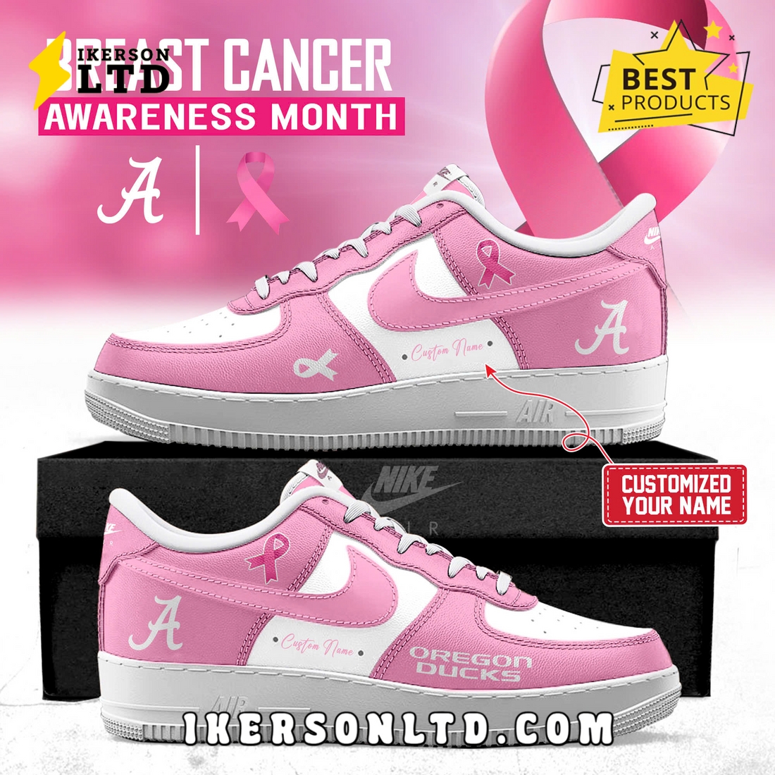 Alabama Crimson Tide x Breast Cancer Air Force 1 Sneakers Alabama Crimson Tide x Breast Cancer Air Force 1 Sneakers